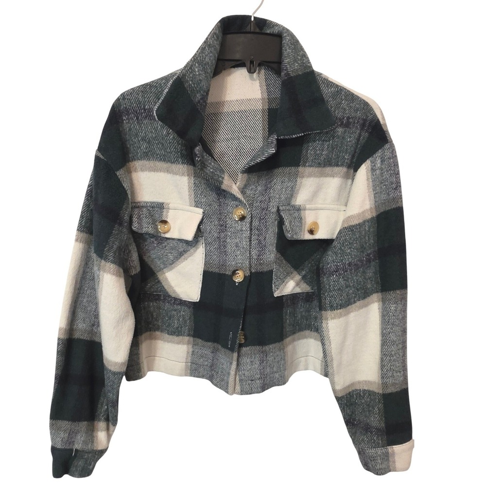 Forest Green Plaid Cropped Shacket Button Down Shirt Jacket Small